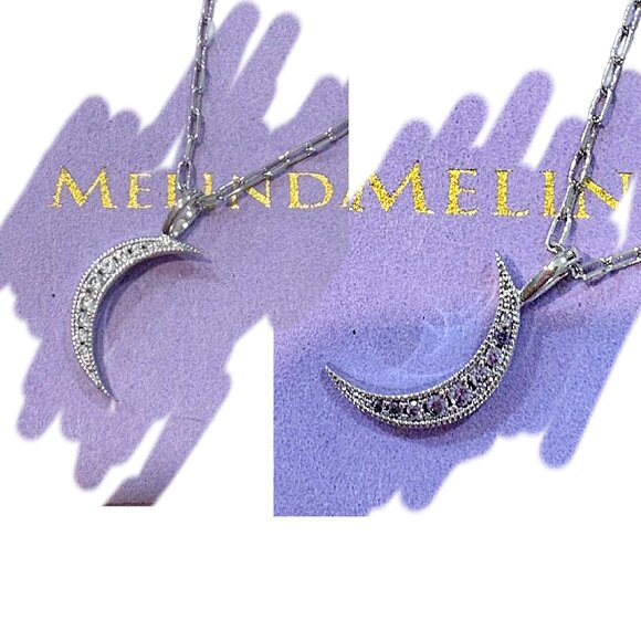 Elegant Silver Crescent Moon Simulated Amethyst and White CZ pendant necklace - Picture 1 of 3